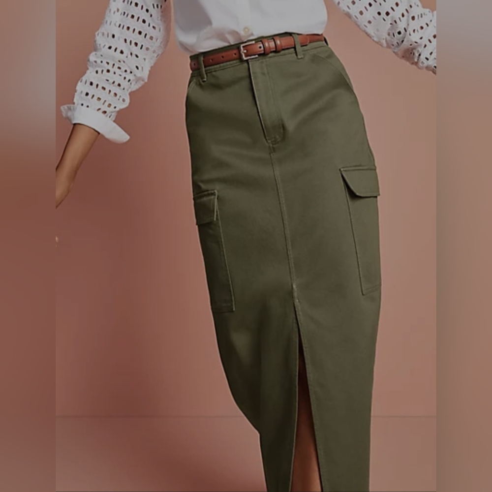 Ann Taylor LOFT Military Green Cargo Skirt Women's Size 10 Open Front - Picture 15 of 16
